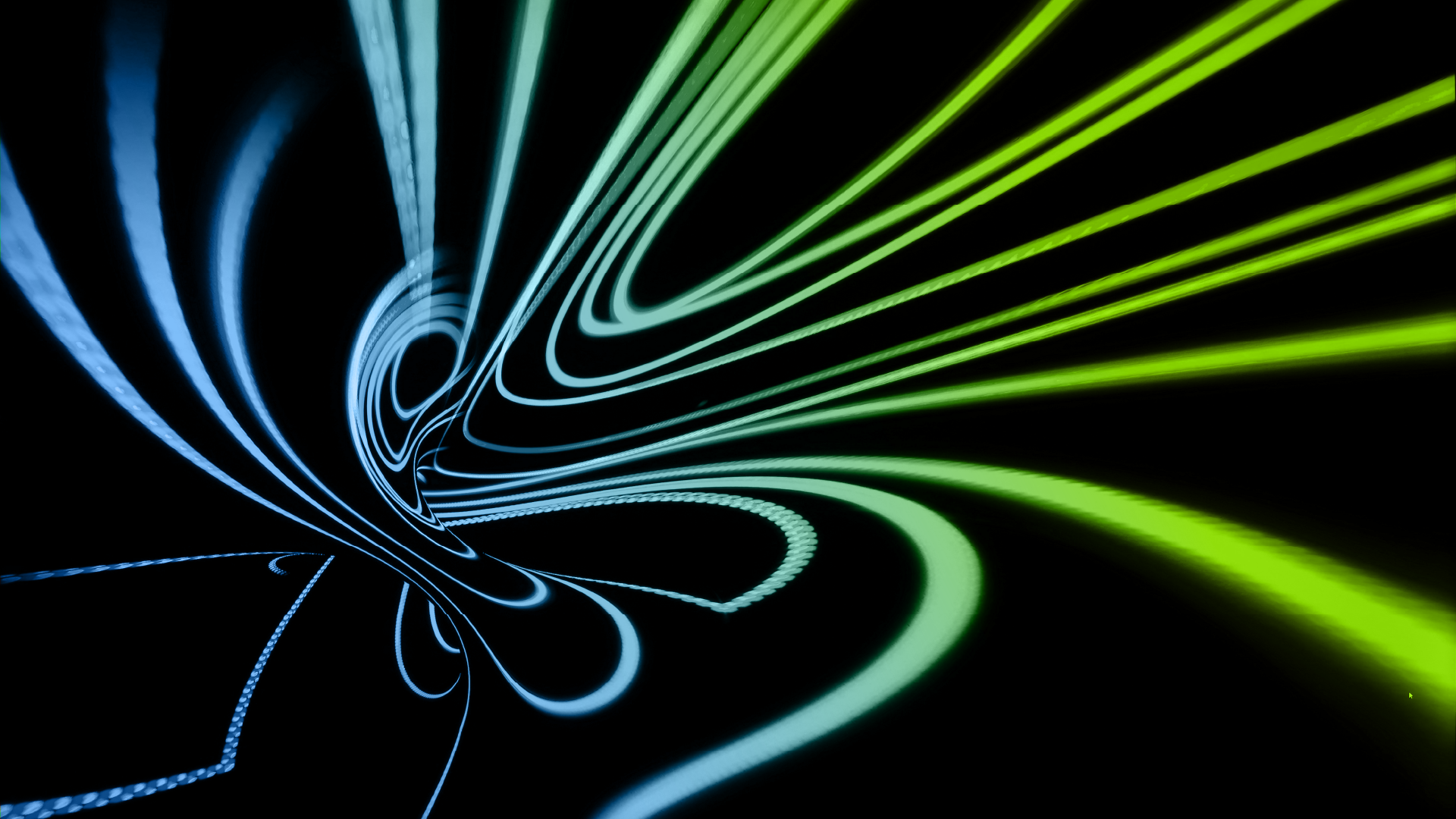 Abstract digital artwork featuring dynamic, curved lines in blue and green tones on a black background, creating a sense of motion and flow."