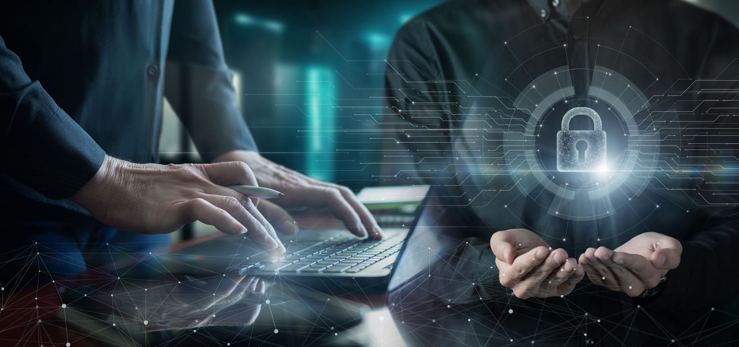 Futuristic image of 2 people using advanced technologies