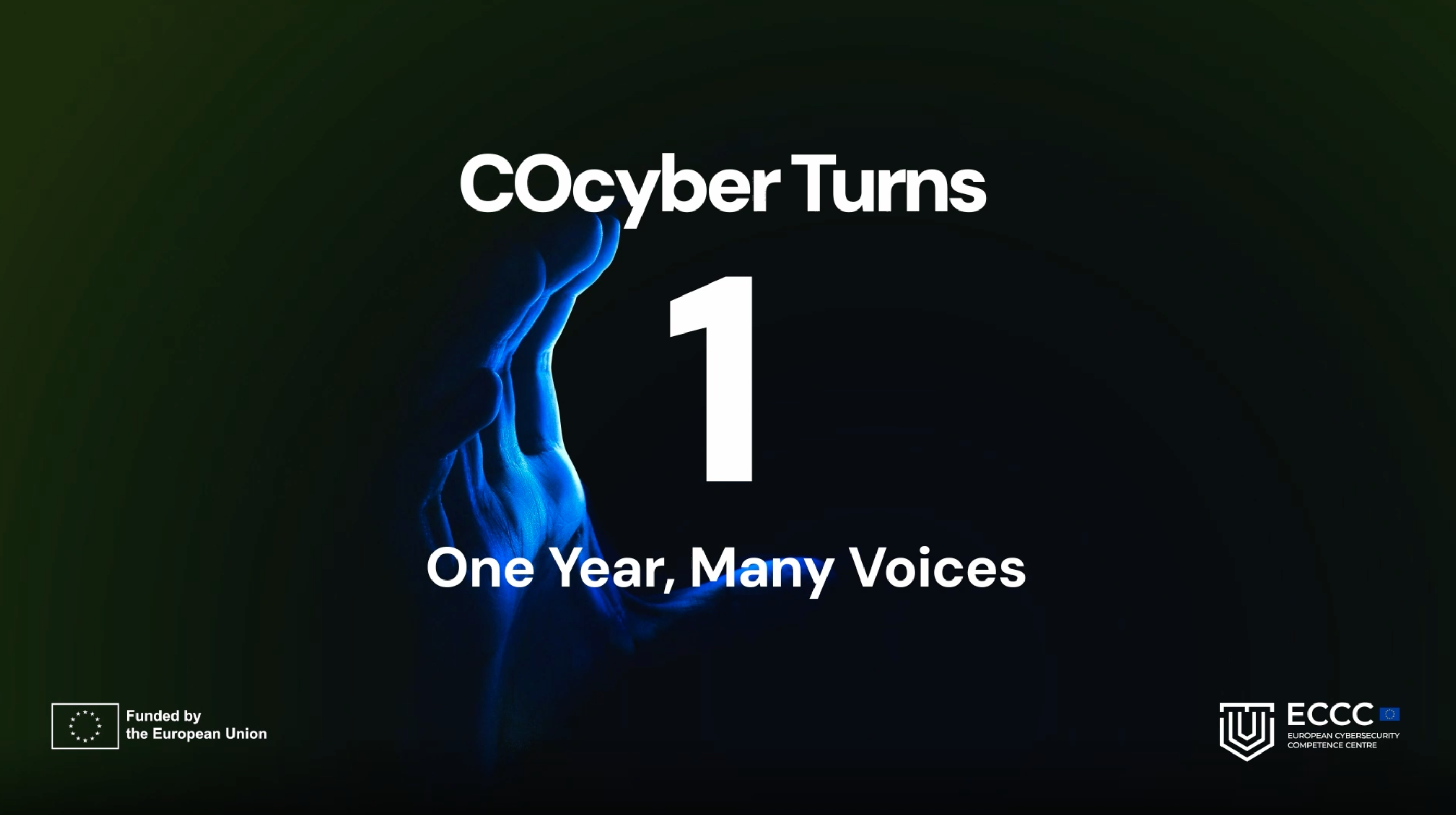 dark image with COcyber turns 1 writing